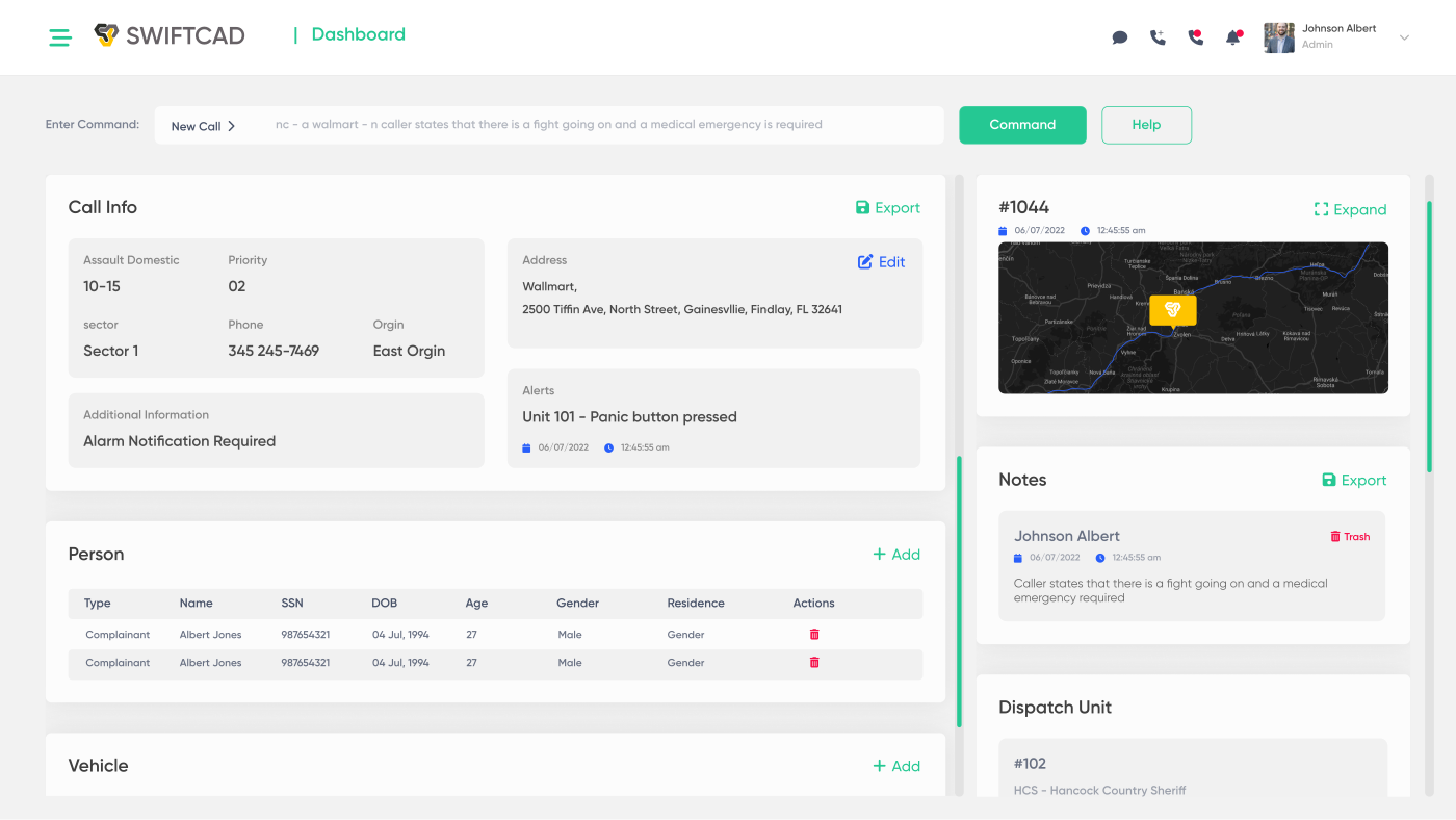 Swiftcad emergency dispatch dashboard